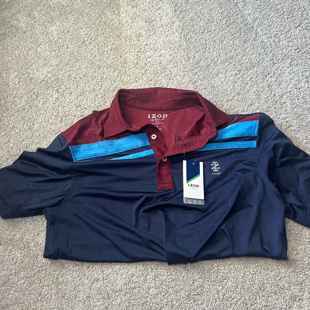 BRAND NEW WITH TAGS IZOD GOLF POLO SHIRT SIZE SMALL MAROON LIGHT BLUE AND NAVY